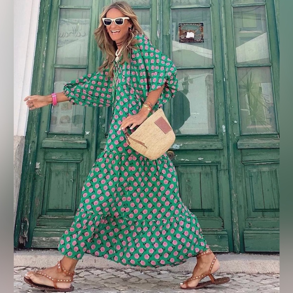 Boho Floral Maxi Dress Green Pink Deep V-Neck Flowy A-Link Ankle Length